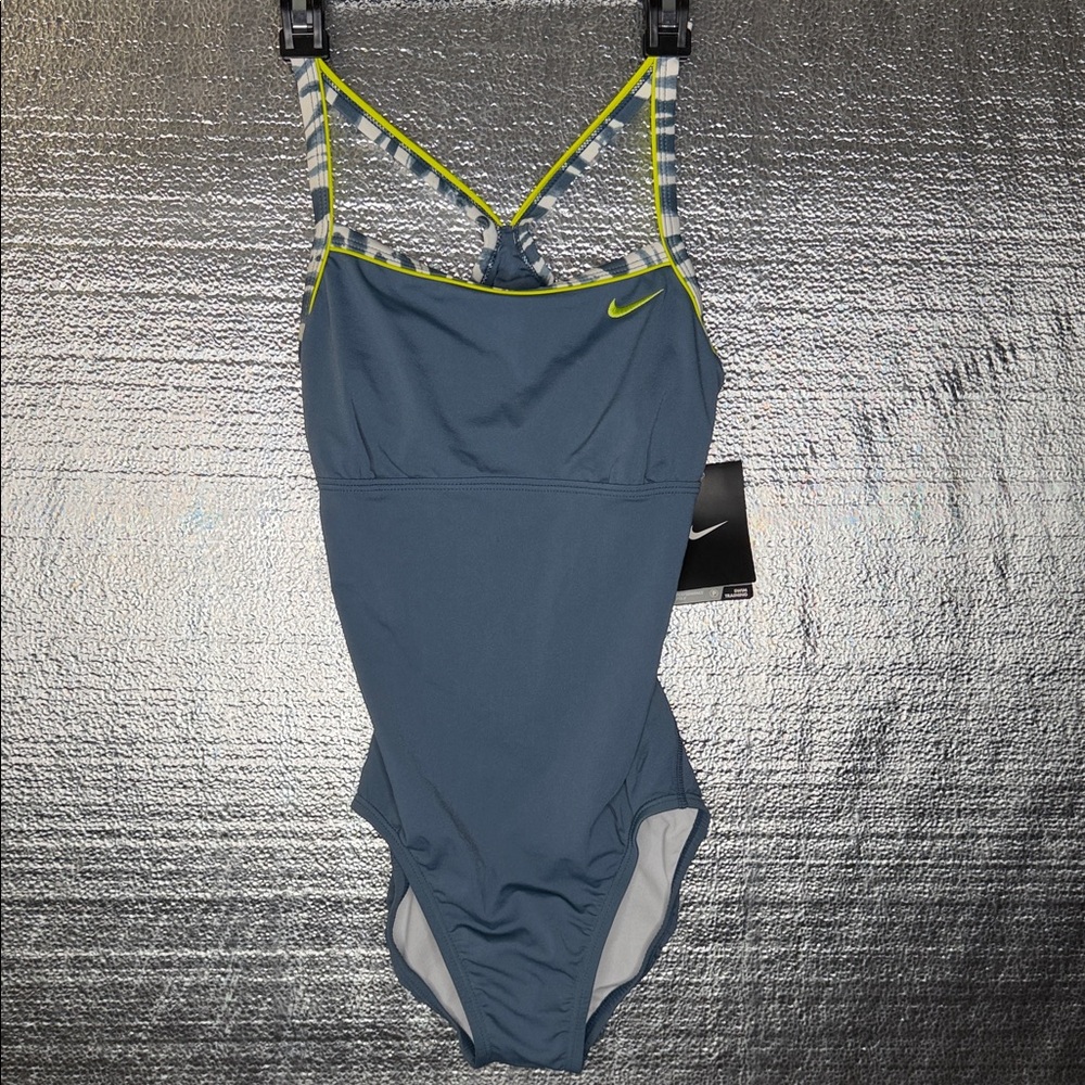 Nike Blue One Piece Swimsuit with Yellow Accents